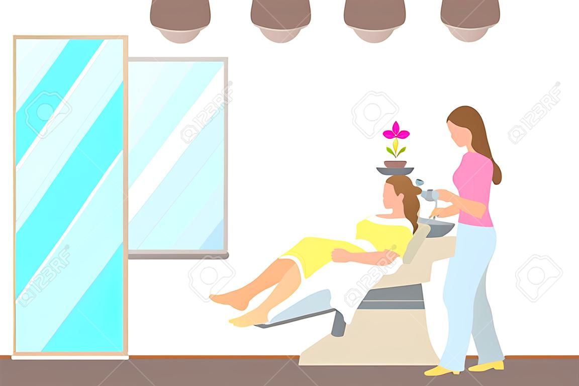 Hairdressing salon, hair wash of client done by hairdresser. People in spa, woman having her head washed, styling new hairstyle in front of mirror vector