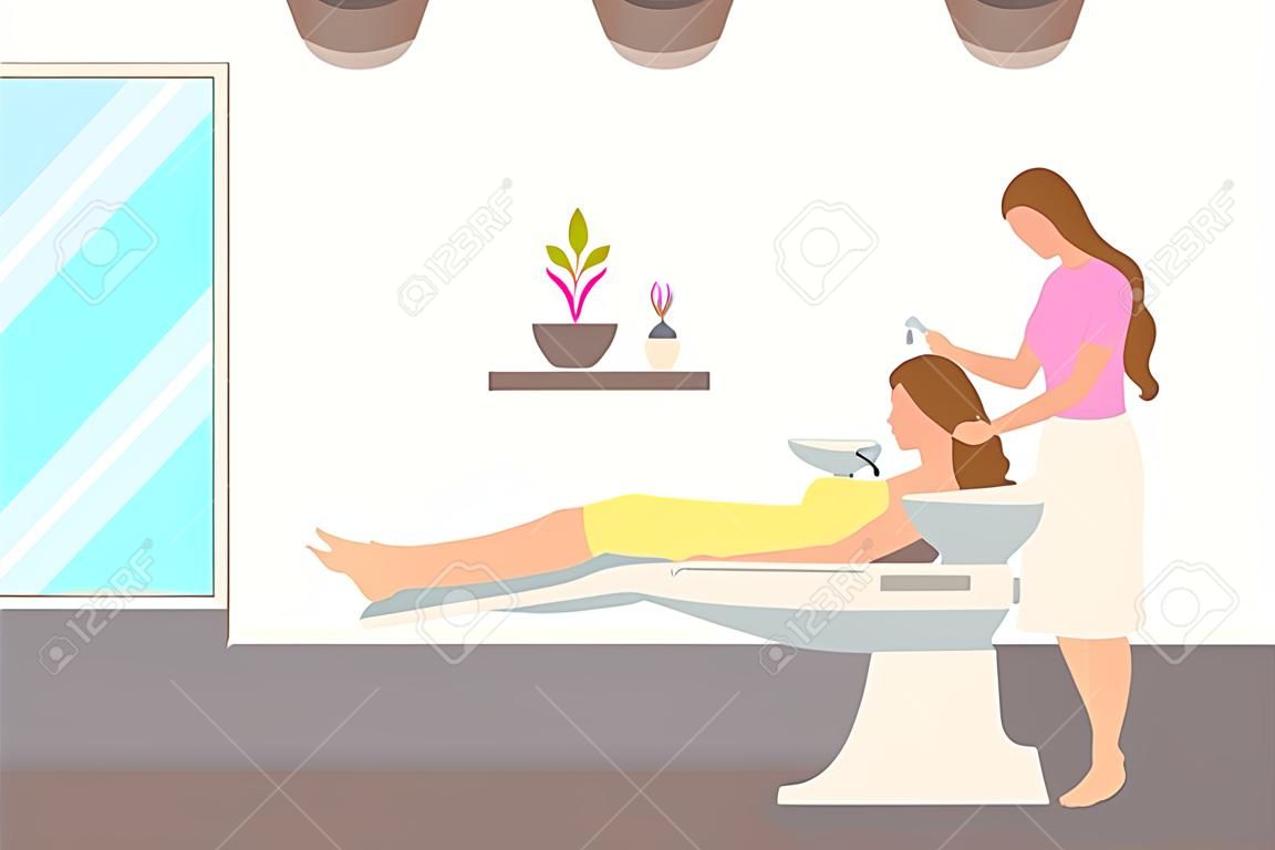 Hairdressing salon, hair wash of client done by hairdresser. People in spa, woman having her head washed, styling new hairstyle in front of mirror vector