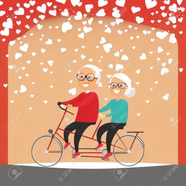 Smiling elderly people riding on bicycle vector. Valentine card cartoon character decorated by red hearts and cycling old man and woman, active romantic day