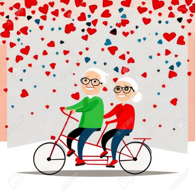 Smiling elderly people riding on bicycle vector. Valentine card cartoon character decorated by red hearts and cycling old man and woman, active romantic day