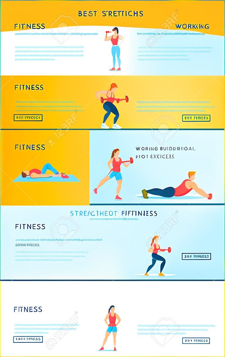 Fitness working out exercises vector, man doing stretching, woman on mat, crossfit and bodybuilding. Active lifestyle, website with text sample set