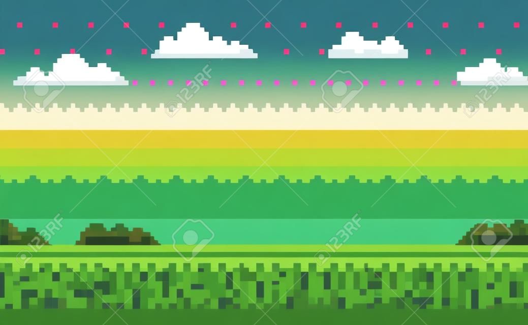 Nobody interface of pixel game platform, evening and sunset view, cloudy sky and green grass with bushes, adventure and level, computer graphic vector. Pixelated mobile app video-game