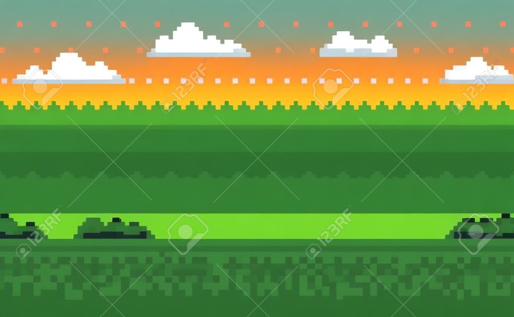 ピクセルゲームプラットフォーム、夕方と夕日のビュー、茂み、冒険とレベル、コンピュータグラフィックベクトルと曇り空と緑の草の誰のインターフェイス。ピクセル化されたモバイルアプリのビデオゲーム
