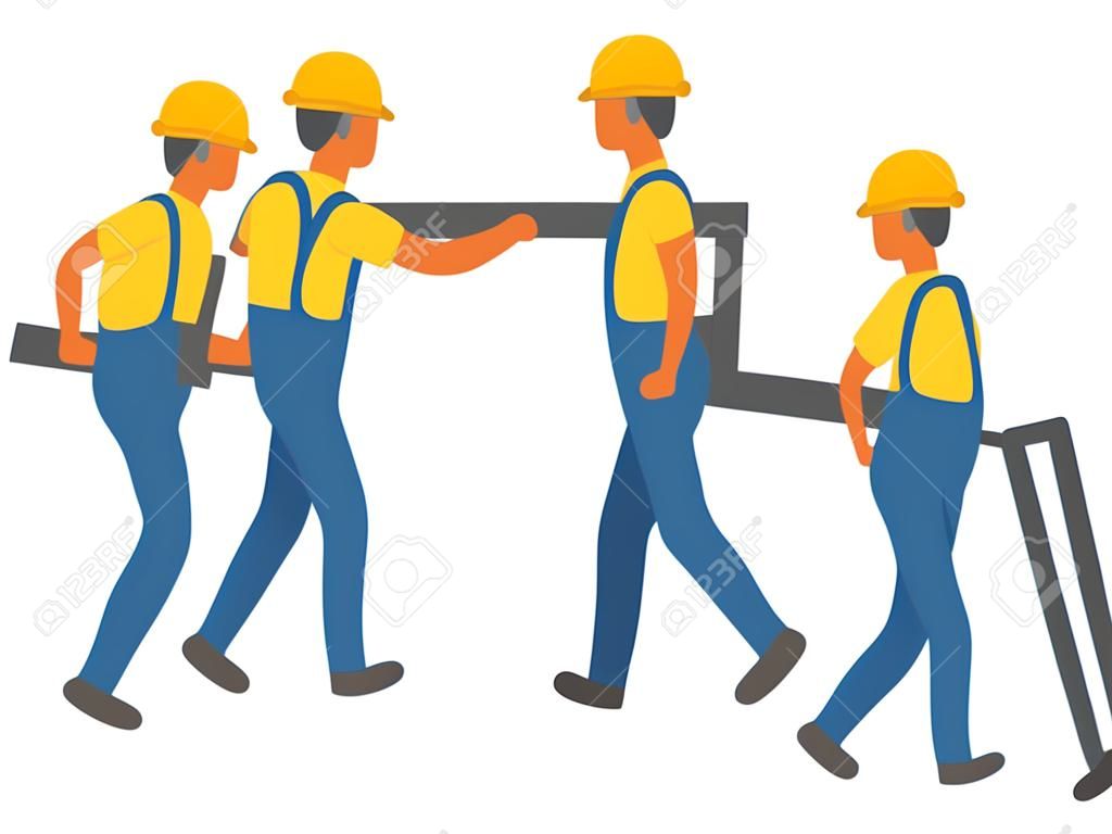 People working in team carrying ladder on shoulder, isolated characters wearing special uniforms and helmets. Building and construction worker. Vector illustration in flat cartoon style