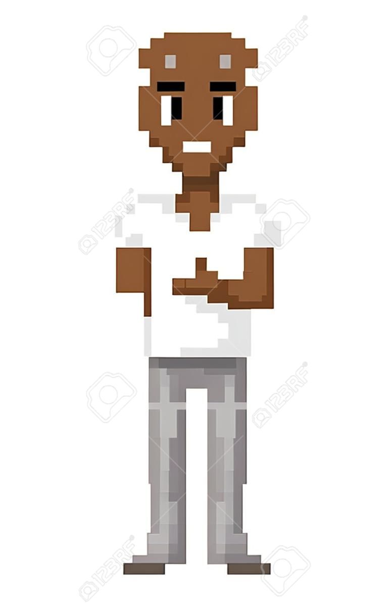 Smiling pixel character shooting, portrait and full length view of man in white clothes, male with dark skin, old game, pixel-art computer graphic vector