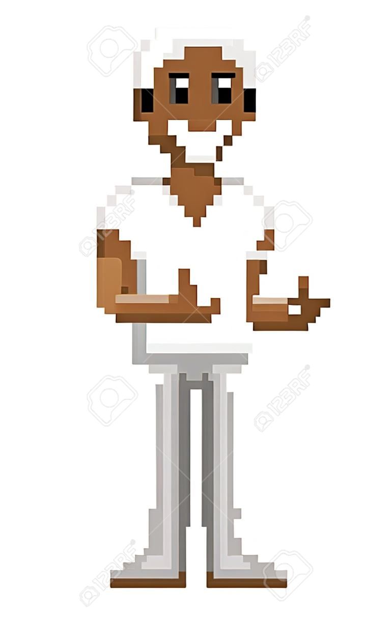 Smiling pixel character shooting, portrait and full length view of man in white clothes, male with dark skin, old game, pixel-art computer graphic vector