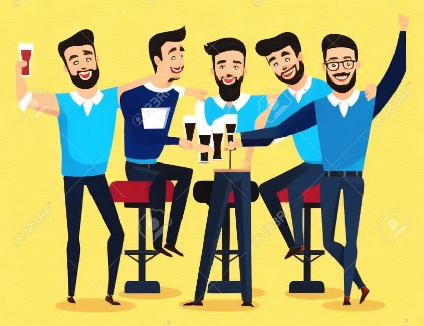 Group of smiling men drinking beer, groom with friends celebrating. Bachelor party indoor, males characters sitting on chairs with malt, holiday vector