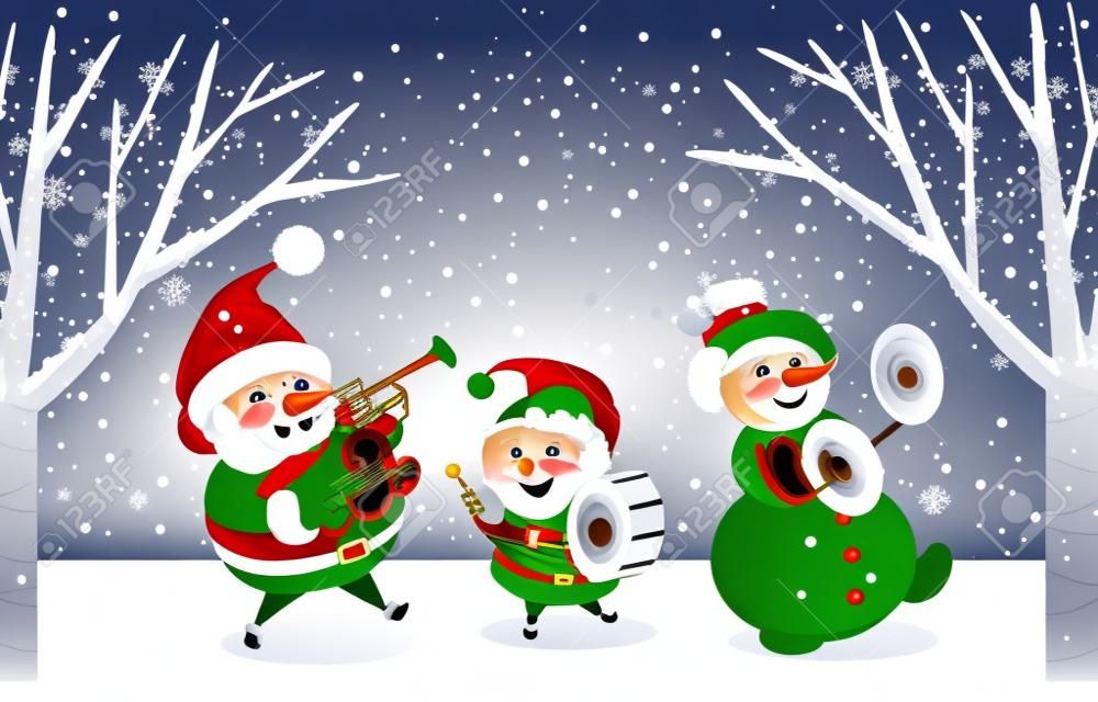 악기가 노래를 부르는 크리스마스 캐릭터. 산타 클로스, 엘프와 눈사람의 캐롤링. 트럼펫과 드럼 반주. 겨울 풍경과 눈 덮인 날씨. 크리스마스 시간, 평면 벡터