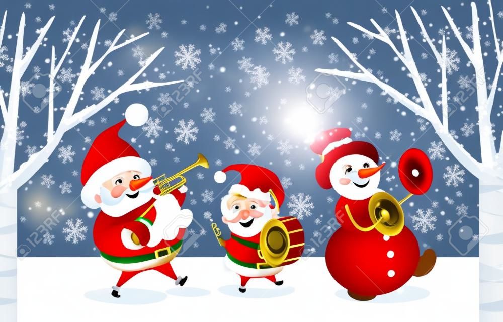 Personagens de Xmas com instrumentos musicais cantando músicas. Carolinagem de Papai Noel, elfo e boneco de neve. Trompete e acompanhamento de bateria. Paisagem de inverno e tempo de neve. Tempo de Natal, vetor em flat