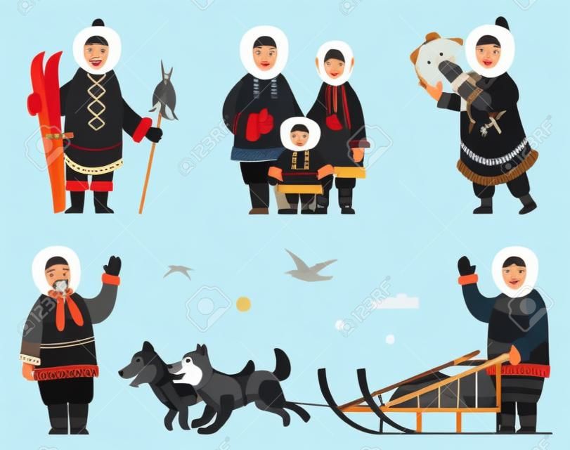 Set of inuits wearing traditional warm clothes. Isolated eskimos people family mother, father and kid. Person with musical instrument. Male with hunted fish. Character with sled dogs outdoors vector