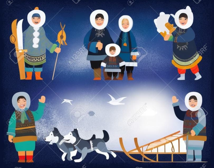Zestaw Eskimosów ubranych w tradycyjne ciepłe ubrania. Odosobniona rodzina Eskimosów, matka, ojciec i dziecko. Osoba z instrumentem muzycznym. Samiec z upolowaną rybą. Postać z psami zaprzęgowymi na zewnątrz wektor