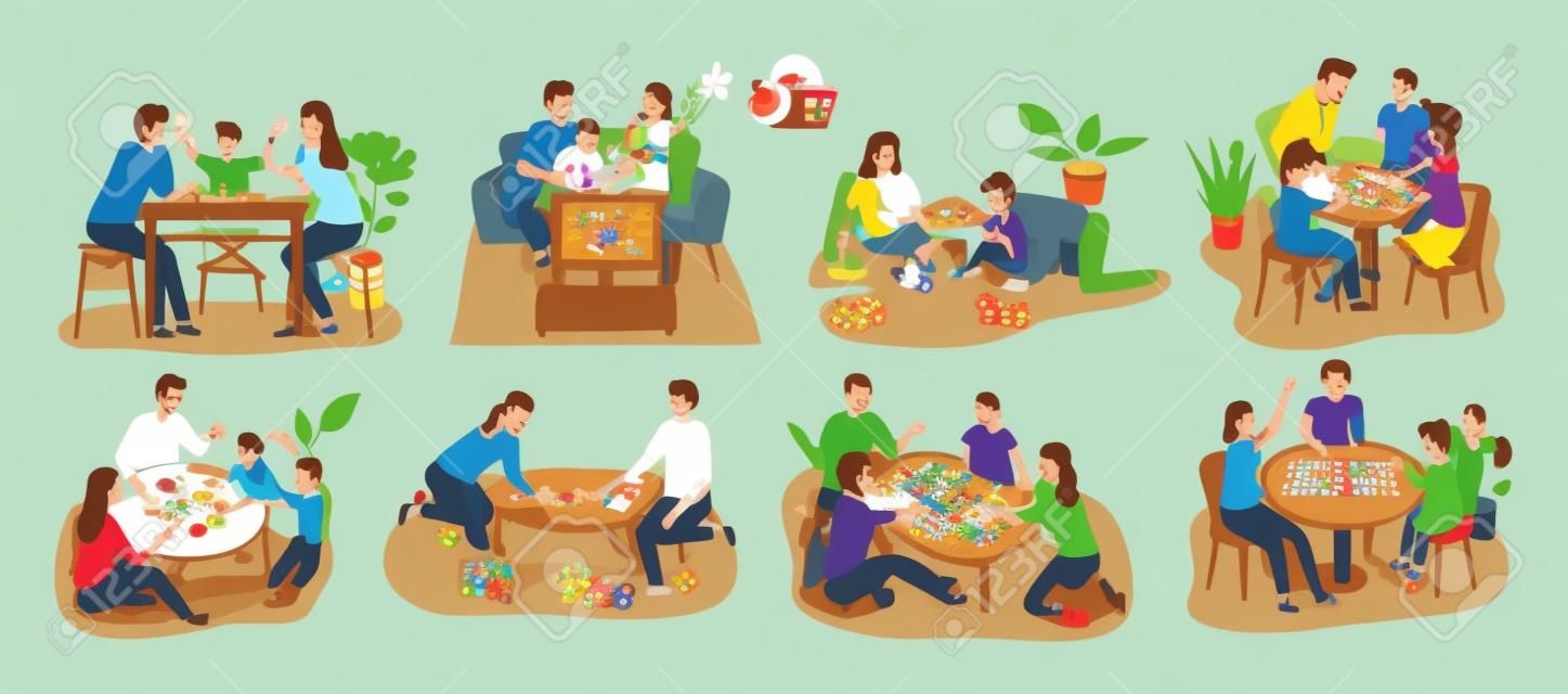 Board games family set. Stay at home. Parents with kids sitting at table and playing tabletop games. Spend time together gaming on console. Mom and father, girl and boy at home. Vector cartoon flat