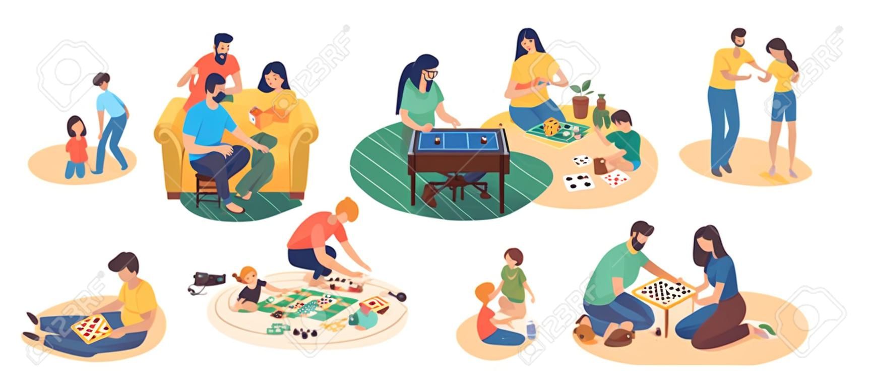Board games family set. Stay at home. Parents with kids sitting at table and playing tabletop games. Spend time together gaming on console. Mom and father, girl and boy at home. Vector cartoon flat