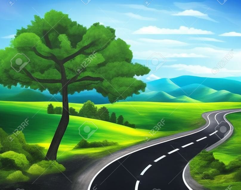 Road to the mountain. Scenic summer landscape with asphalt road passing through forest to high hills. Traveling and adventures through scenery meadows along a curving road to the snow-capped peaks