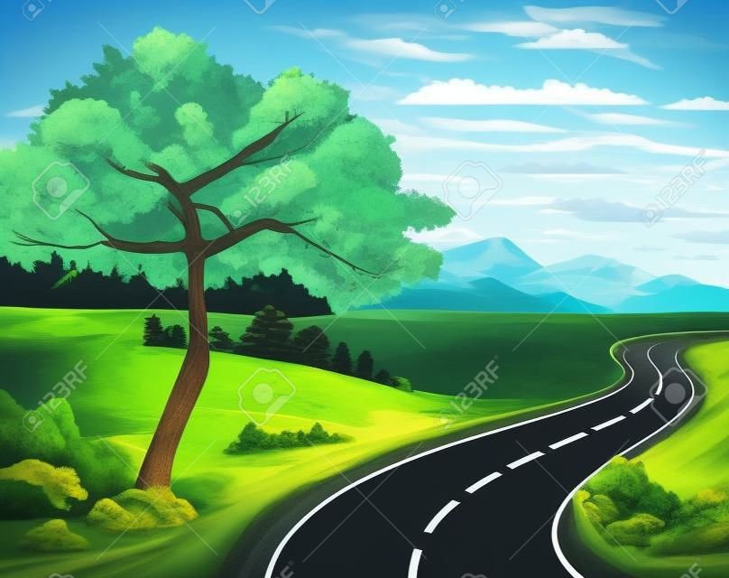 Road to the mountain. Scenic summer landscape with asphalt road passing through forest to high hills. Traveling and adventures through scenery meadows along a curving road to the snow-capped peaks