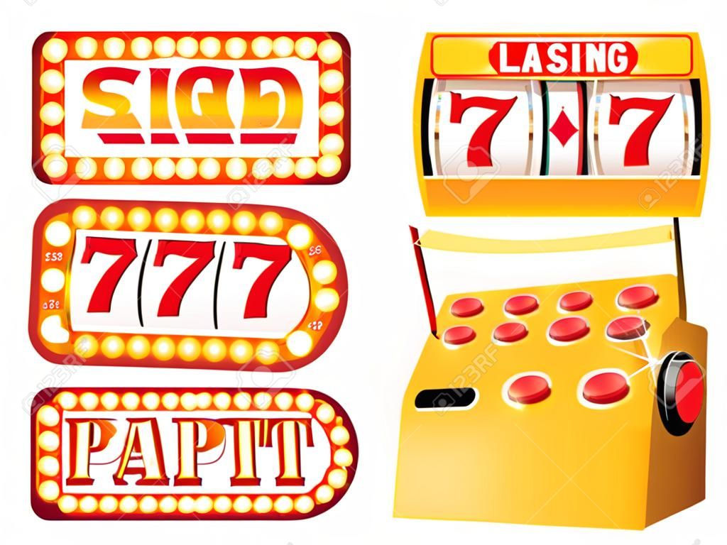Gambling set vector, casino and jackpot lucky numbers vector. Flat style signboards with inscriptions. Glowing and shining , bulbs, slot machine play