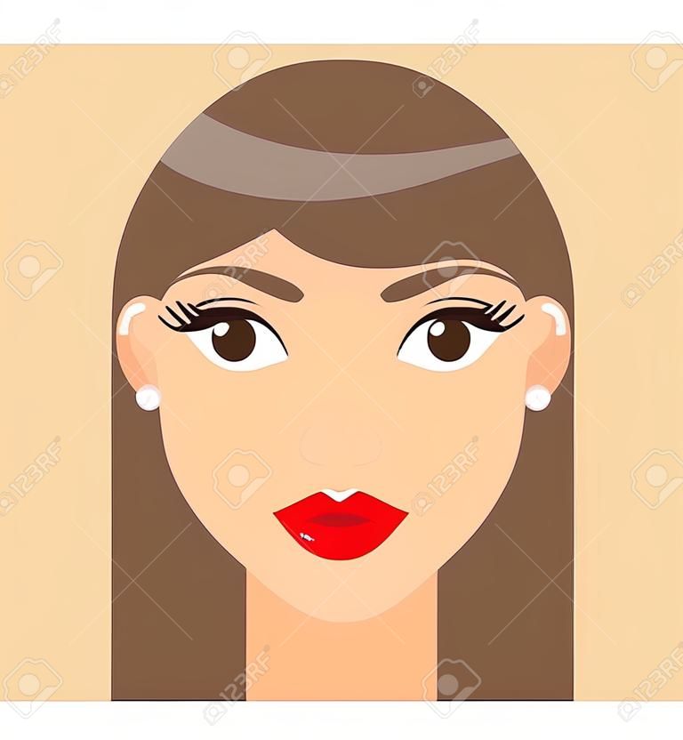 Vector cartoon character. Concept of avatar of young brown-haired woman with red lips and light makeup, earrings. Isolated portrait of pretty girl with elegance bob haircut. Attractive lady icon