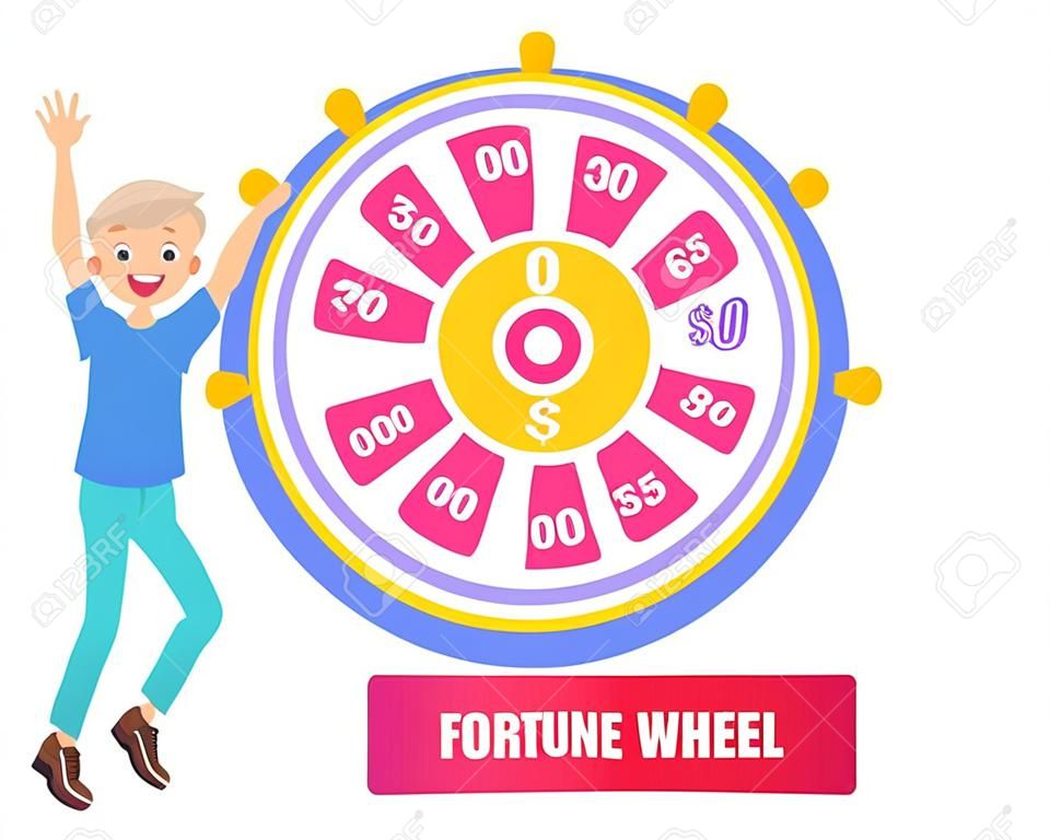 Game fortune wheel concept. Man playing risk game with fortune wheel and lottery. Casino and gambling. Illustration of casino fortune, wheel winner game. Man won, joyfully raised his hands up and jump