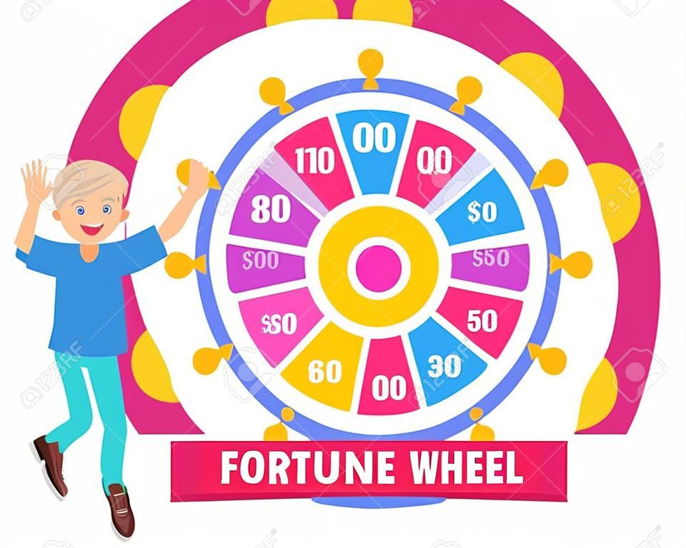 Game fortune wheel concept. Man playing risk game with fortune wheel and lottery. Casino and gambling. Illustration of casino fortune, wheel winner game. Man won, joyfully raised his hands up and jump