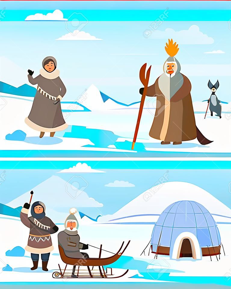 Arctic people in fur clothes near igloo and tent on snowy landscape. Happy eskimo man and woman holding timbrel instrument, sleigh with husky, skis and spear. Male and female living in Alaska vector