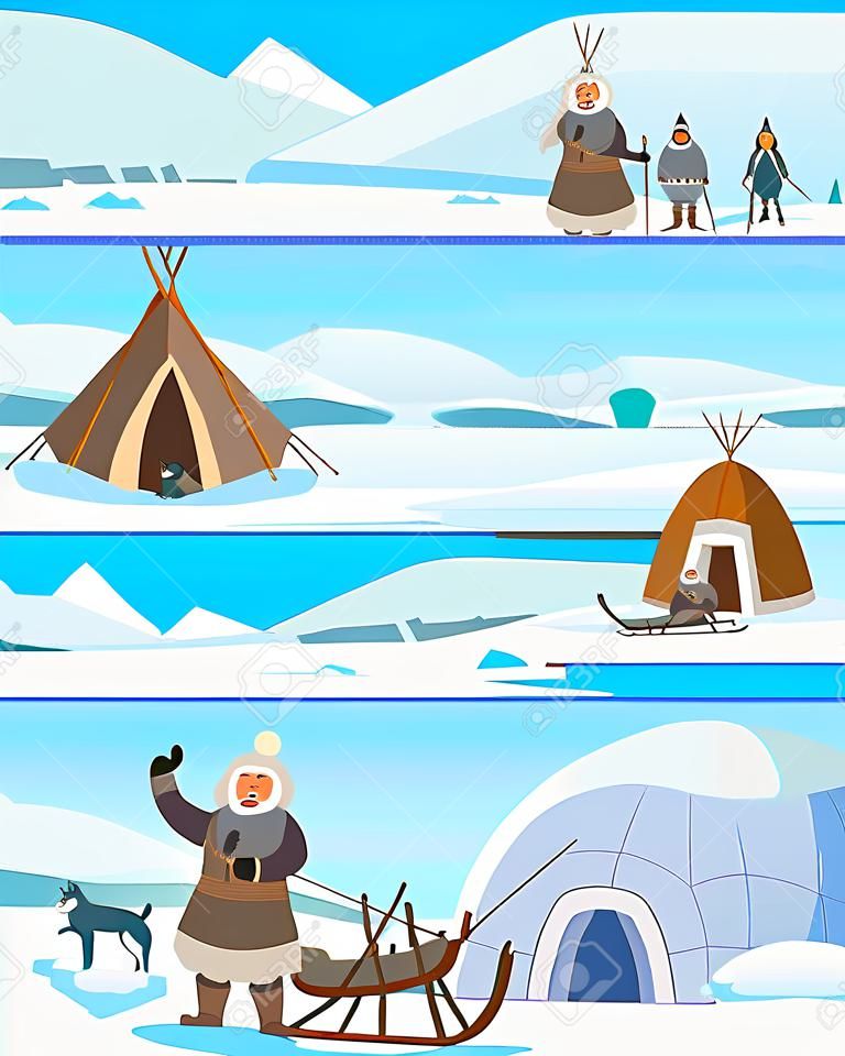 Arctic people in fur clothes near igloo and tent on snowy landscape. Happy eskimo man and woman holding timbrel instrument, sleigh with husky, skis and spear. Male and female living in Alaska vector