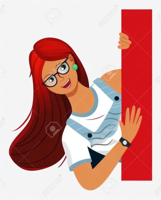 Young woman in glasses peeping from behind the wall vector Illustration on a white background. Happy curious looking girl with long red hair. Female character in playful mood spies watching someone,