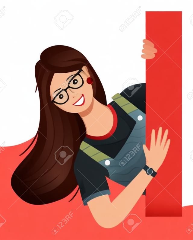 Young woman in glasses peeping from behind the wall vector Illustration on a white background. Happy curious looking girl with long red hair. Female character in playful mood spies watching someone,