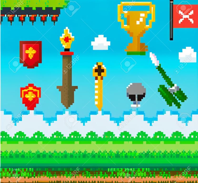Pixel kunst spel achtergrond met beloning object in de lucht. Pixel spel scene met gras platform en awards