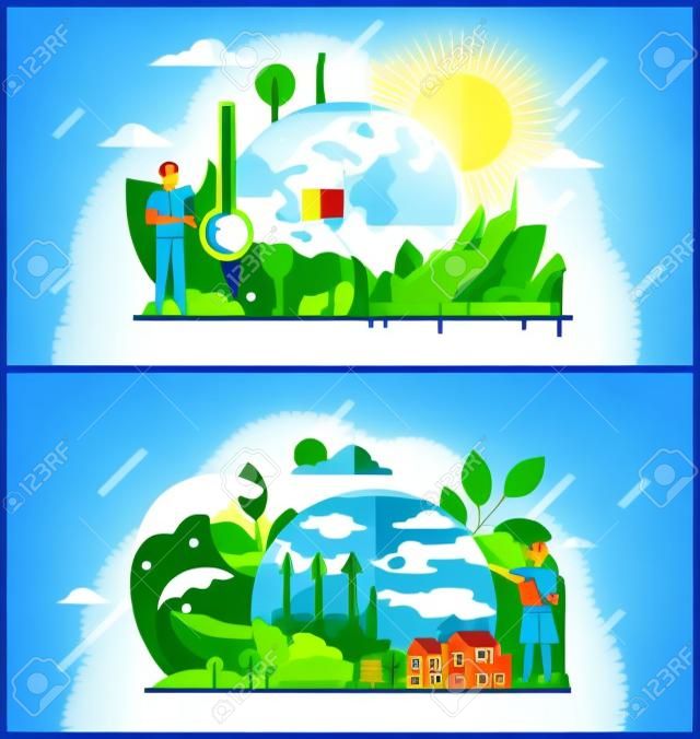 Set of illustrations about climate change, rising water level, global warming, ecological problems. Cartoon characters care about nature. Rising planetary temperatures affect flora and fauna
