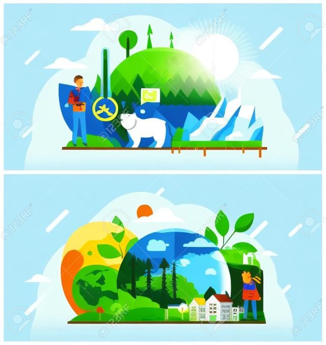 Set of illustrations about climate change, rising water level, global warming, ecological problems. Cartoon characters care about nature. Rising planetary temperatures affect flora and fauna