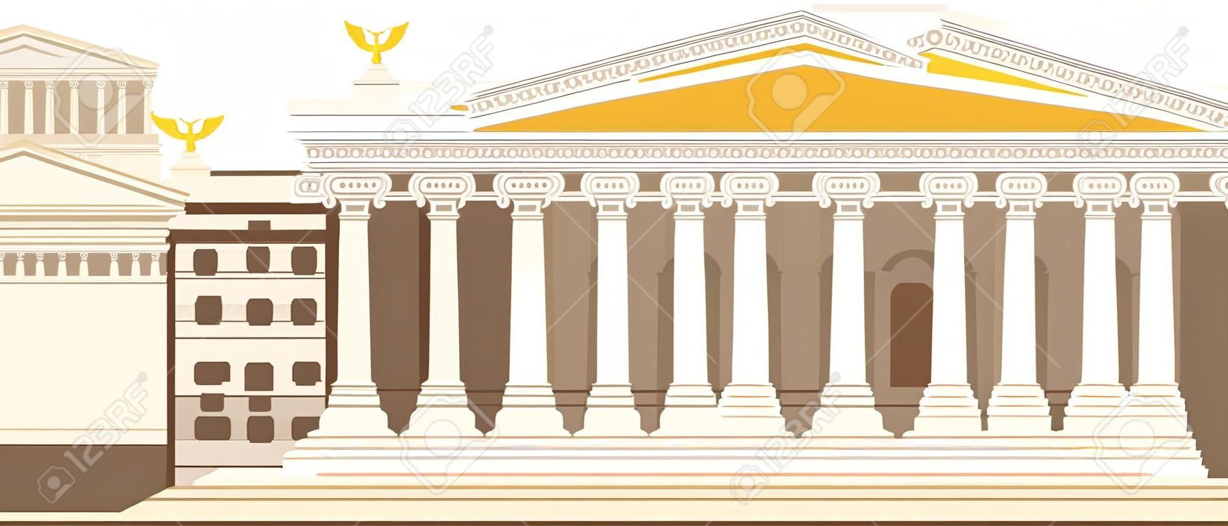 古代ローマのパンテオン神殿の柱の建物のローマのタイル、戦略的開発のアンティーク文化。イタリアのランドマーク、パンテオン、街の広場にある古い寺院。古代の伝統的な歴史的景観