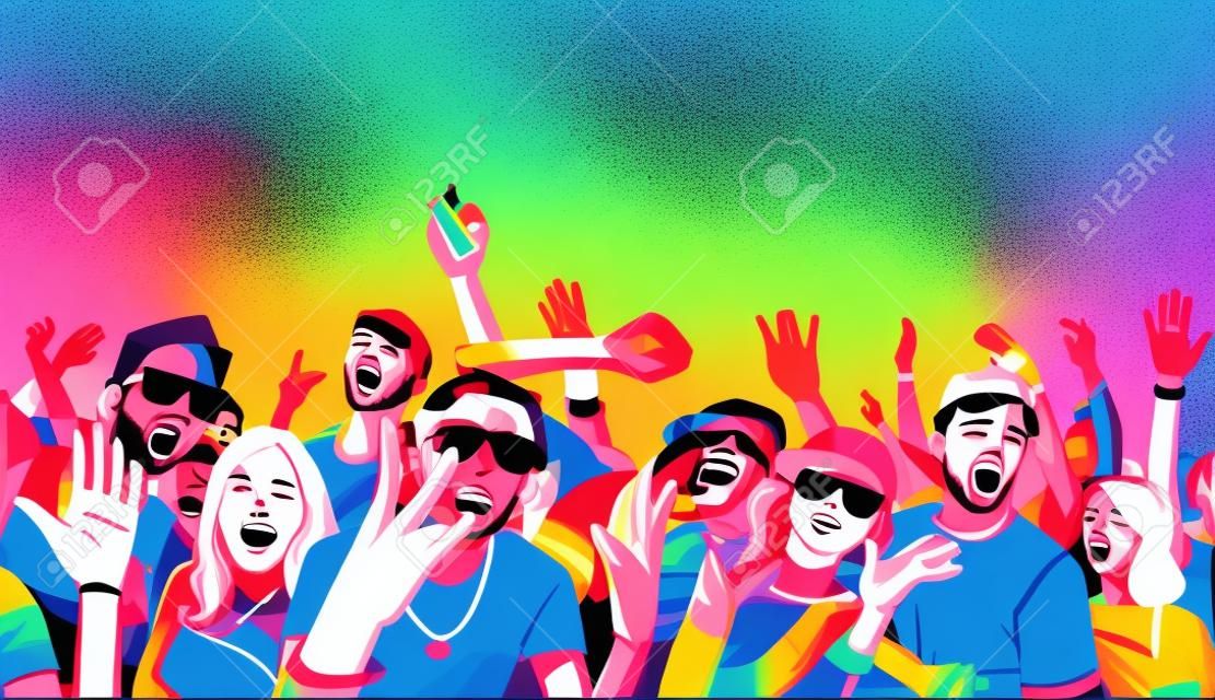 Illustration of festival crowd going crazy at concert in color