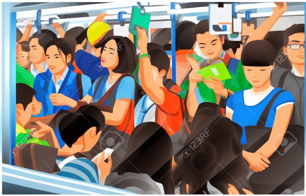 Иллюстрация переполненного метро, вагонетки метро в час пик