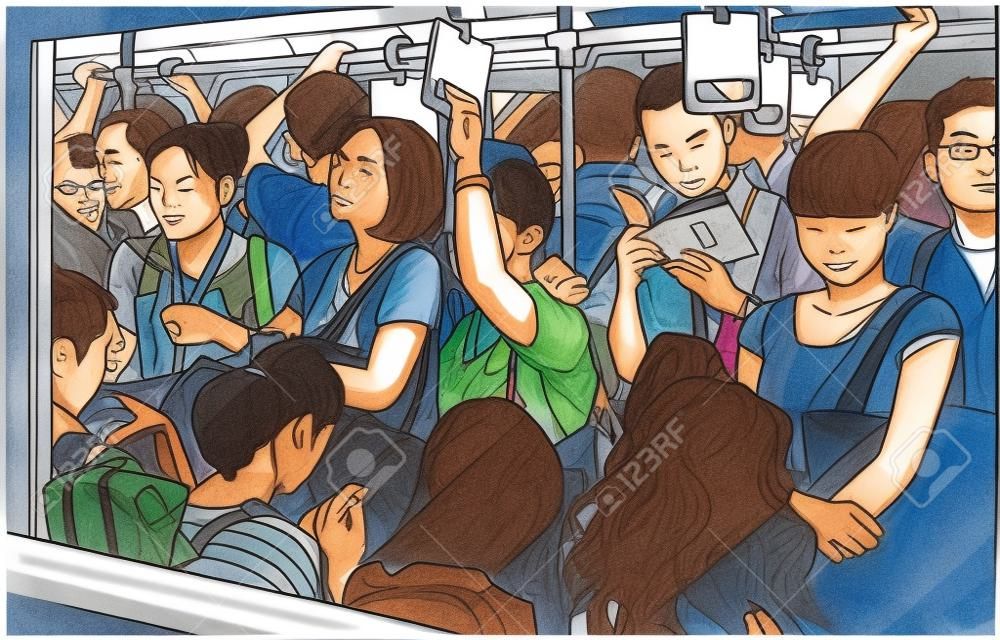 Ilustración de metro lleno de gente, carro de metro en hora punta