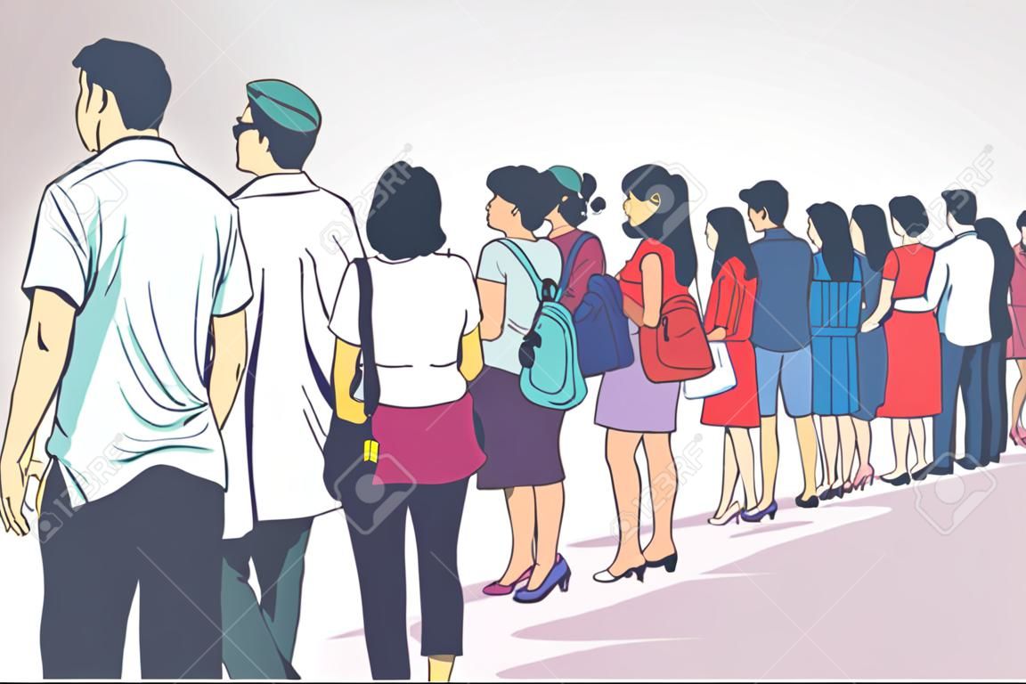 Illustration of crowd of people standing in line in perspective