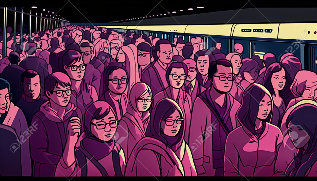 Illustration der gedrängten Metro, U-Bahnstation. Leute einsteigen Warenkorb in der Hauptverkehrszeit.