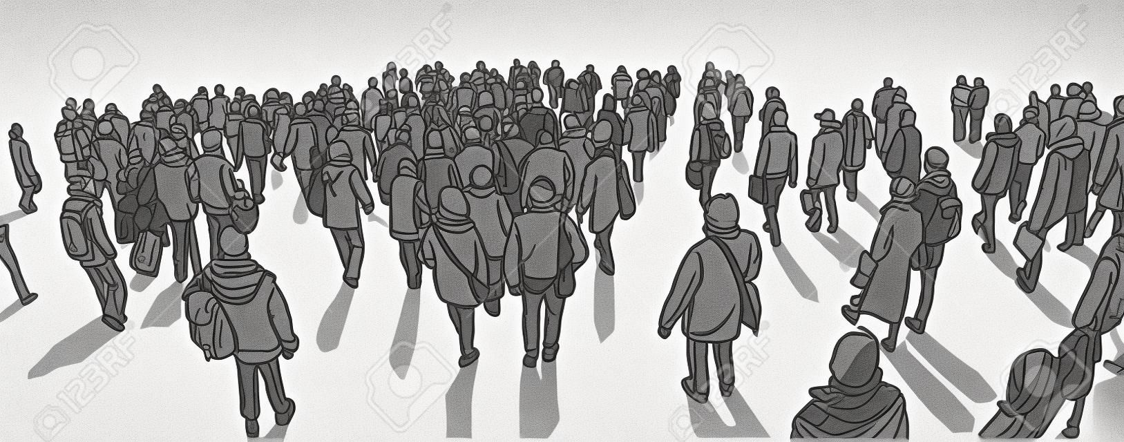 Illustration of large city crowd walking in perspective in black and white grey scale