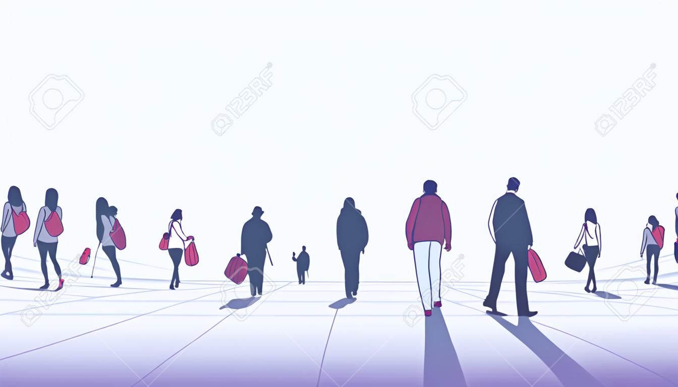 Ilustración de la multitud de la ciudad caminando sobre la plataforma desde una perspectiva de ángulo bajo