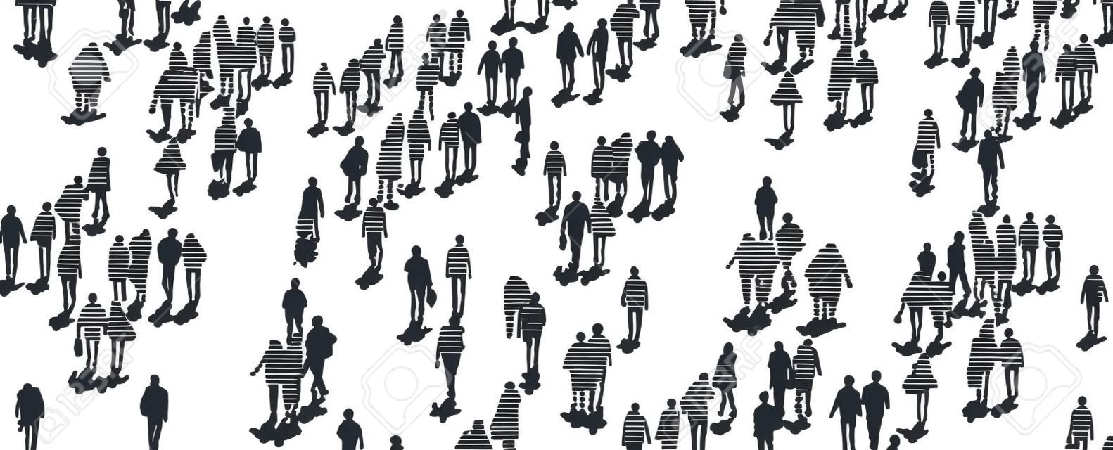 Illustration vectorielle de foule de personnes marchant du point de vue de la vue grand angle