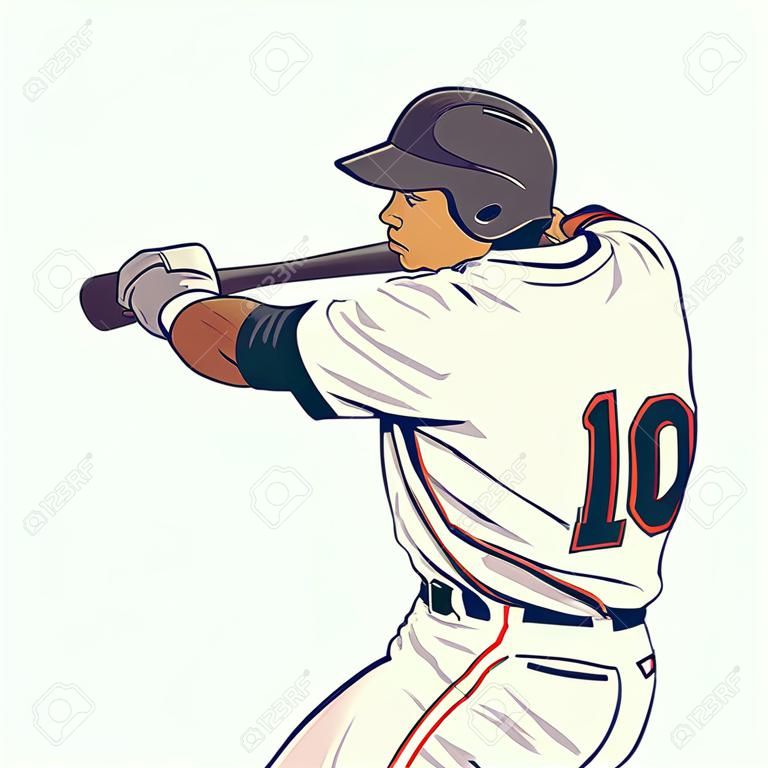 Illustration of baseball player striking with bat during game