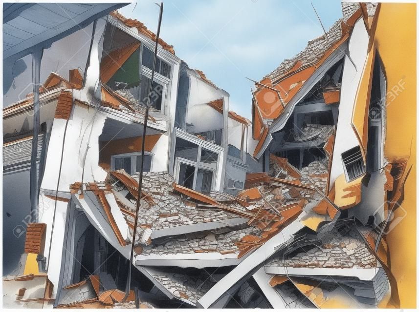 Ilustração, de, desmoronado, edifício, devido, terremoto, desastre natural, explosão, fogo