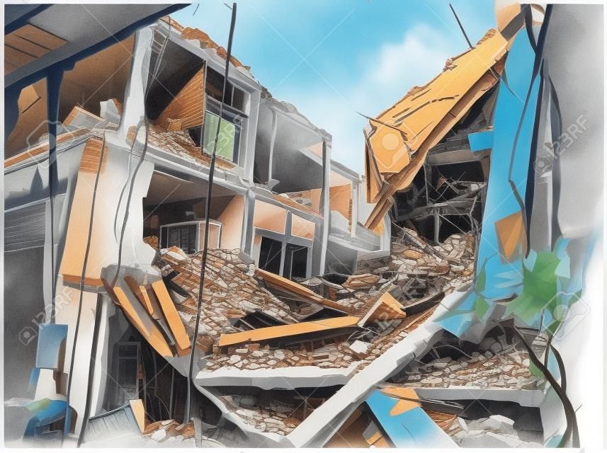 Illustratie van ingestort gebouw als gevolg van aardbeving, natuurramp, explosie, brand