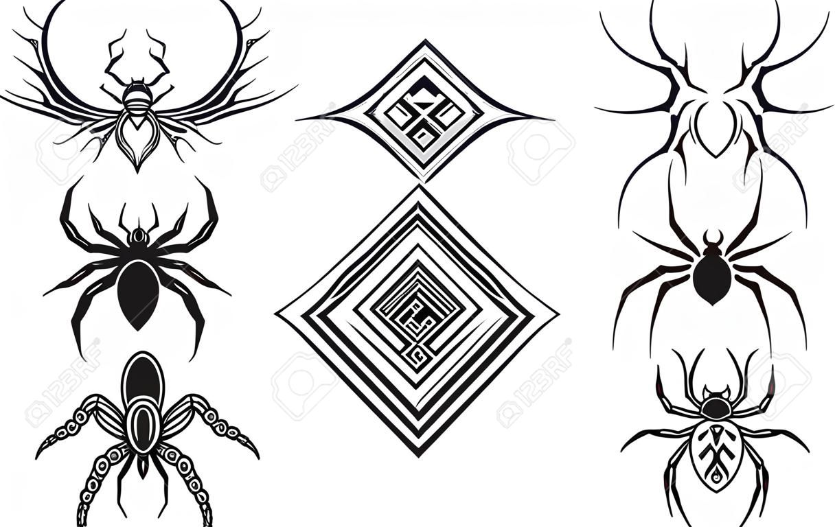 The set with five simple symmetrical black and white spider sketches most suitable for tattoos, vinyl-cutting or T-shirts. Vector EPS Illustrations.