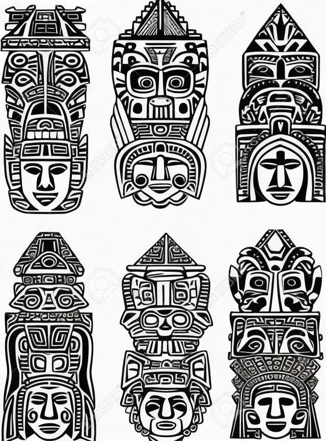 Abstrakte mesoamerican aztec Totempfähle. Set von schwarzen und weißen Vektor-Illustrationen.