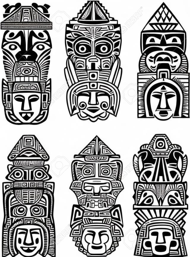 Résumé des poteaux totémiques méso-américaines aztèque. Set d'illustrations vectorielles en noir et blanc.