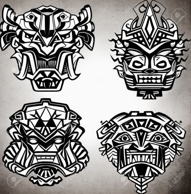 Aztec szörny totem maszk. Állítsa be a fekete-fehér vektoros illusztrációk.