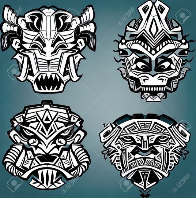 Aztec szörny totem maszk. Állítsa be a fekete-fehér vektoros illusztrációk.