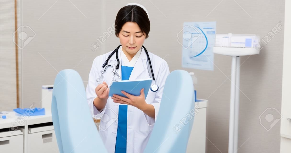 Ginecólogo japonés con el paciente en la sala de examen