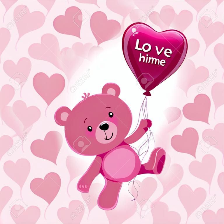 Urso dos namorados cor-de-rosa flutuando com balões