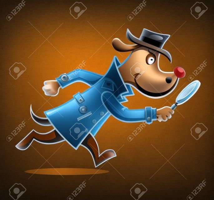 Caricatura de un personaje detective de perros que está buscando pistas con una lupa y vistiendo un impermeable y un sombrero.